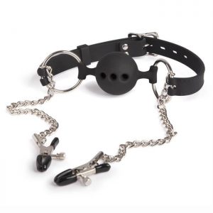 Master Series Large Breathable Ball Gag with Nipple Clamps