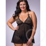 Lovehoney Plus Size Love Me Lace Babydoll and G-String Black - Lovehoney Lingerie