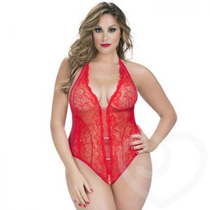 Oh La La Cheri Curves Plus Size Red Crotchless Lace Teddy with Rhinestones