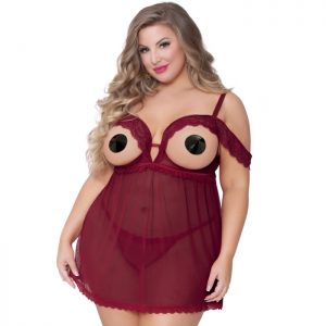 Seven ’til Midnight Plus Size Wine Open Cup Off-The-Shoulder Babydoll