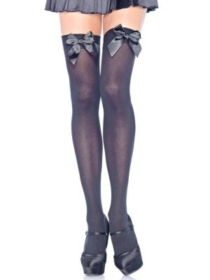 Leg Avenue Plus Size Black Opaque Hold-Ups with Satin Bows