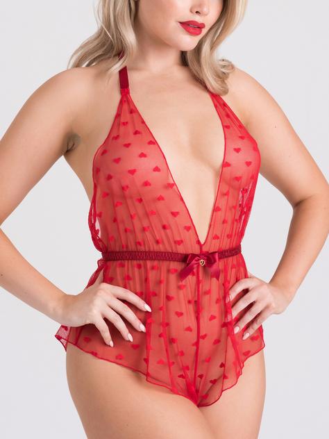 Lovehoney Barely There Red Sheer Hearts Crotchless Teddy