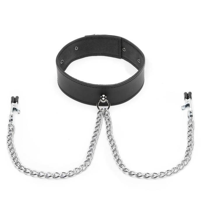 Bondage Boutique Advanced Leather Collar with Nipple Clamps - Bondage Boutique