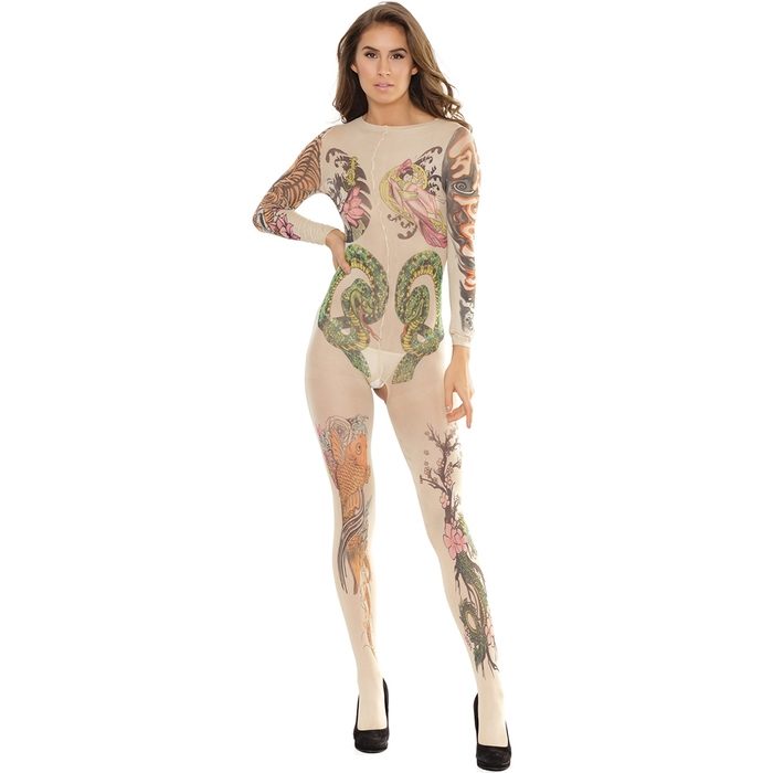 Coquette Nude Tattoo Print Crotchless Bodystocking - Coquette