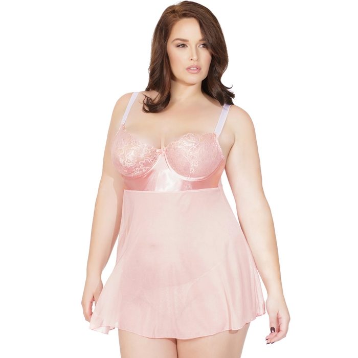 Coquette Plus Size Pink Underwired Lace Babydoll Set - Coquette
