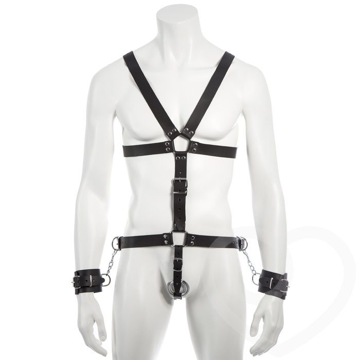 DOMINIX Deluxe Leather Body Harness with Cock Ring and Wrist Cuffs - DOMINIX