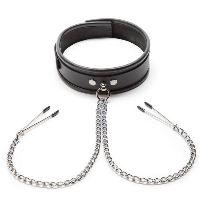 DOMINIX Deluxe Leather Collar with Nipple Clamps - DOMINIX