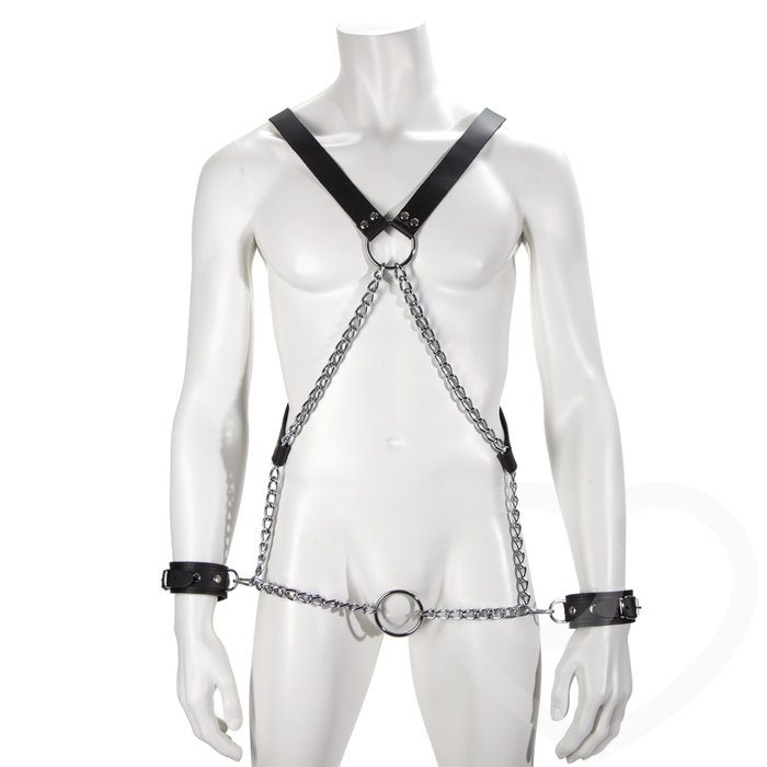 DOMINIX Deluxe Leather and Chain Harness with Cock Ring and Cuffs - DOMINIX