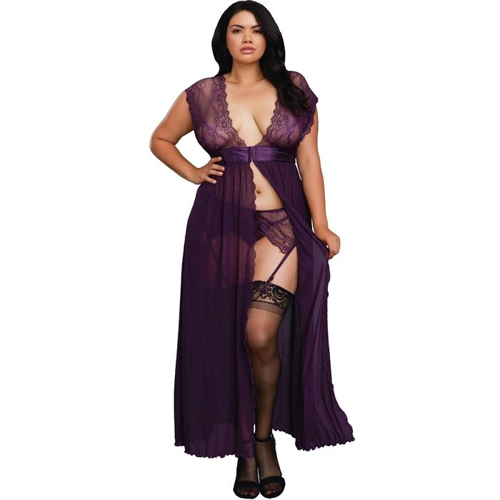 Dreamgirl Plus Size Purple Long Split Front Gown Set - Dreamgirl Lingerie