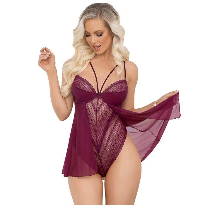 Escante Wine Lace and Mesh Underwired Babydoll - Escante