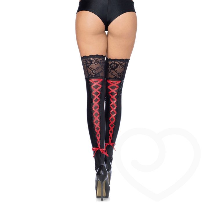 Leg Avenue Wet Look Lace Top Hold Ups with Ribbon Lace Backs - Leg Avenue