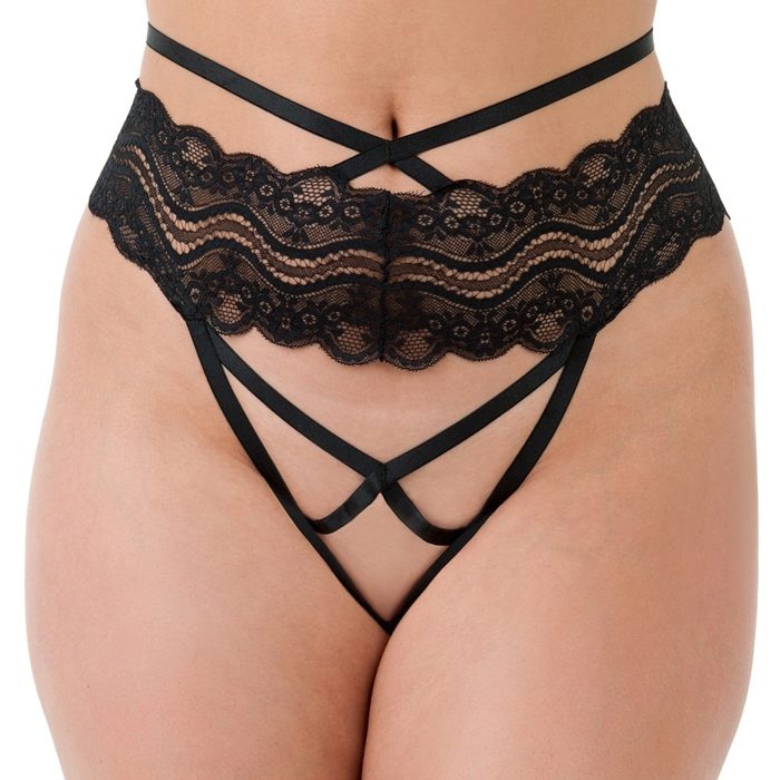Lovehoney Black Strappy Lace Criss-Cross Crotchless Thong - Lovehoney Lingerie