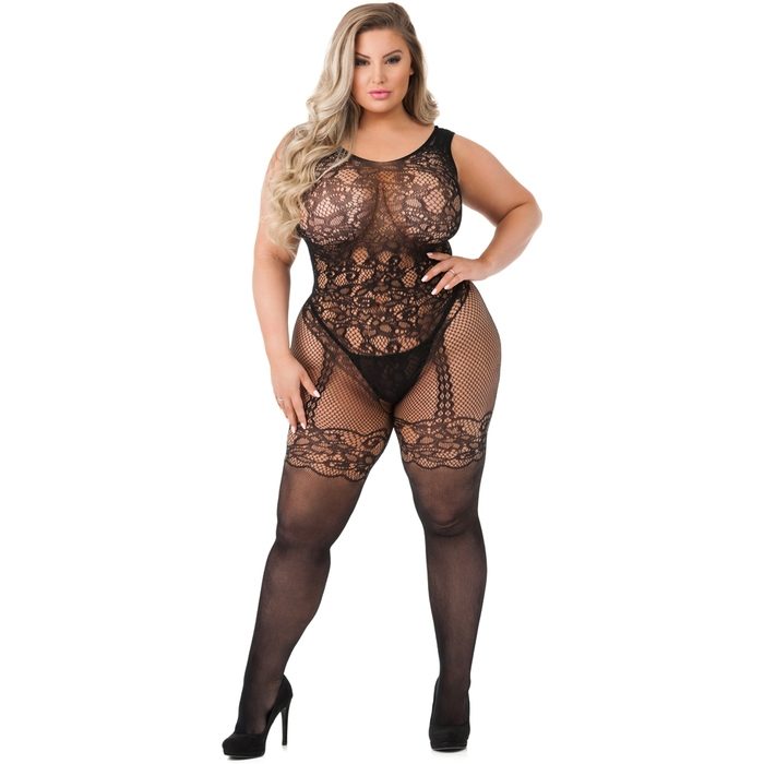 Lovehoney Plus Size Black Crotchless All-in-One Floral Lace Bodystocking - Lovehoney Lingerie