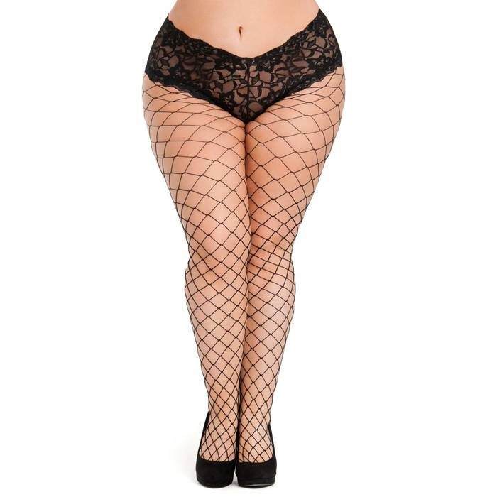 Lovehoney Plus Size Black Fence Net Tights with Crotchless Knickers - Lovehoney Lingerie