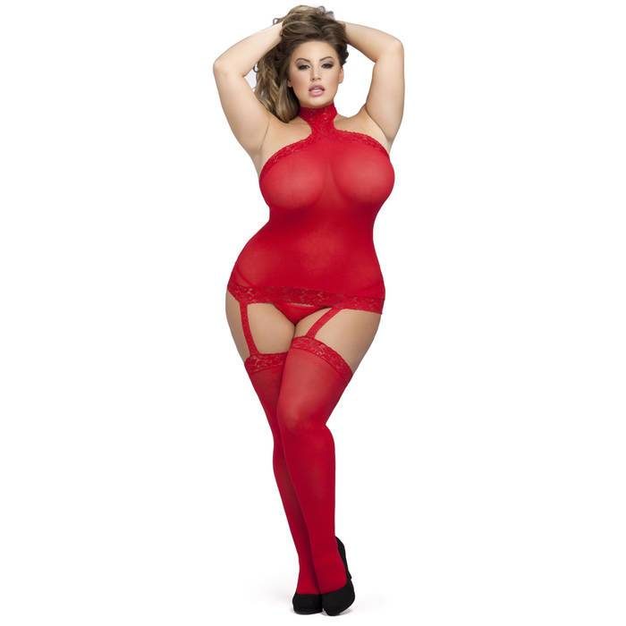 Lovehoney Plus Size Red Sheer Suspender Bodystocking - Lovehoney Lingerie