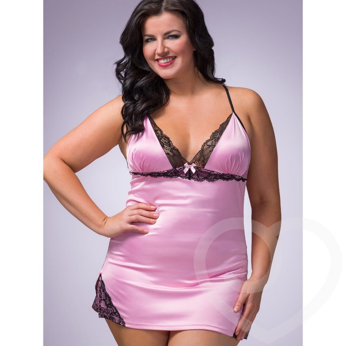 Lovehoney Plus Size Satin and Lace Babydoll Set Pink - Lovehoney Lingerie