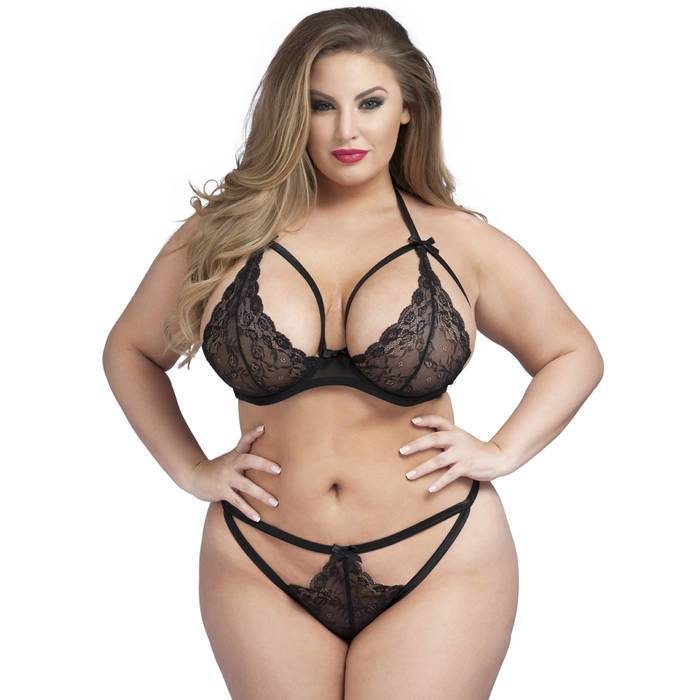 Lovehoney Plus Size Underwired Lace Triangle Bra and Crotchless G-String Set - Lovehoney Lingerie