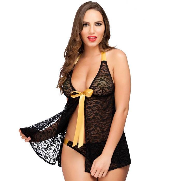 Lovehoney Unwrap Me Black and Gold Lace Babydoll Gift Set - Lovehoney Lingerie