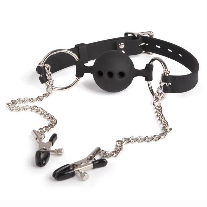 Master Series Large Breathable Ball Gag with Nipple Clamps - Master Series
