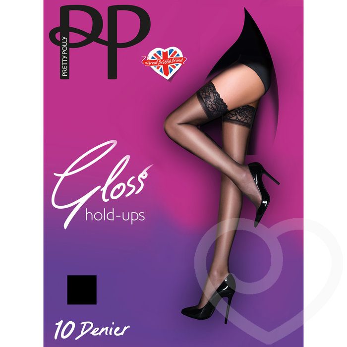Pretty Polly Gloss 10 Denier Lace Top Black Hold Ups - Pretty Polly
