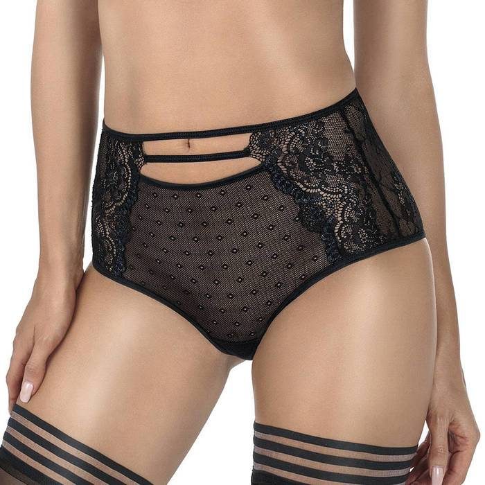 Roza High Waisted Black Lace and Mesh Knickers - Roza Lingerie
