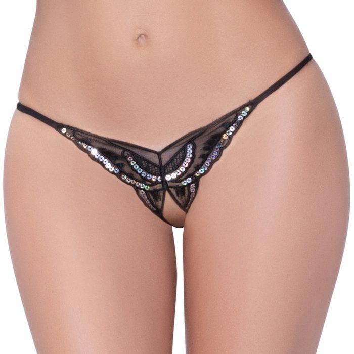 Seven 'til Midnight Black Sequin Crotchless Butterfly Thong - Seven 'til Midnight