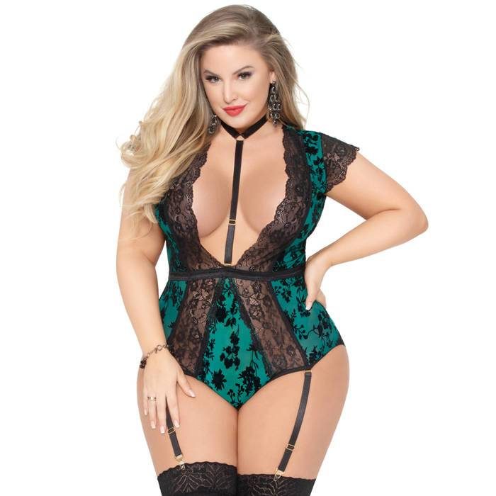 Seven 'til Midnight Plus Size Green Flocked Mesh and Lace Plunge Body - Seven 'til Midnight