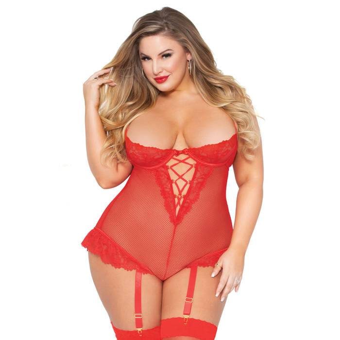 Seven 'til Midnight Plus Size Red Fishnet and Lace Body Set - Seven 'til Midnight