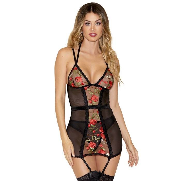 iCollection Sheer Black Chemise Set with Floral Embroidery - iCollection