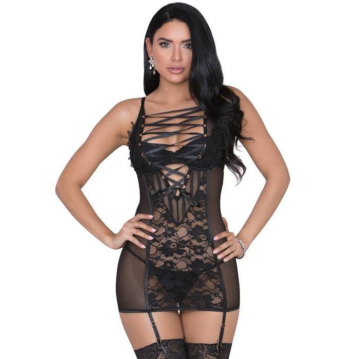 iCollection Sheer Black Lace-Up Chemise Set - iCollection